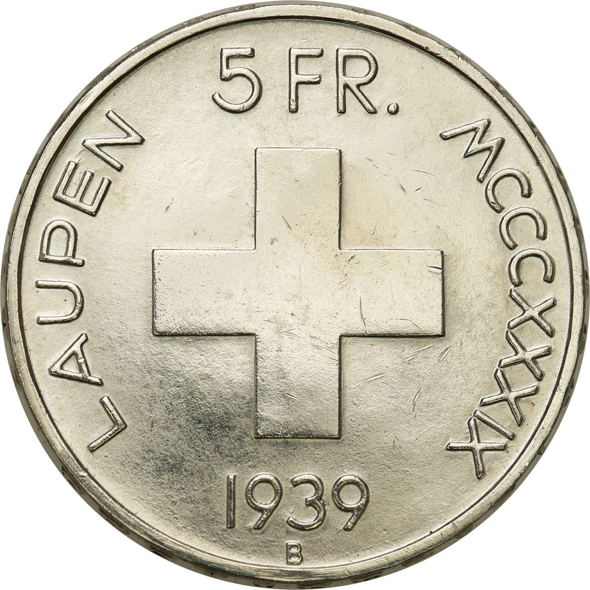 Szwajcaria. 5 franków 1939, Bern, bitwa o Laupen - RZADSZE